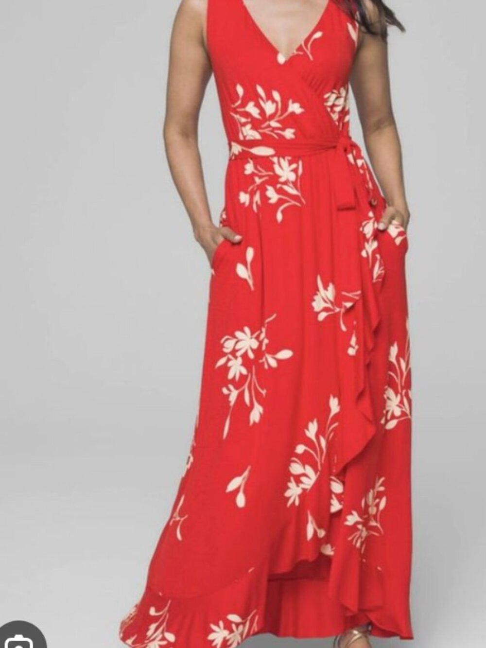 SOMA Ruffle Faux Wrap V-Neck Tie Waist Floral Maxi Dress size medium